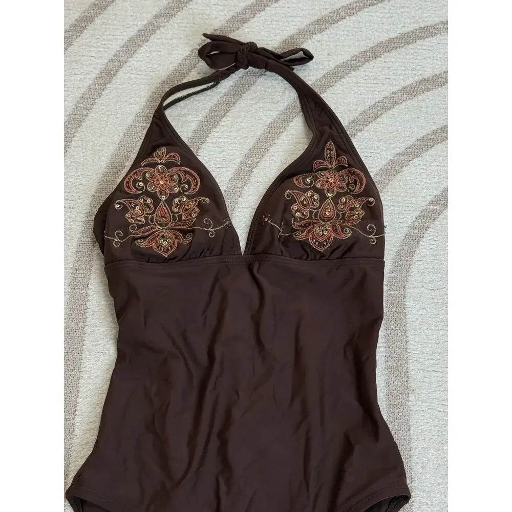 Liquid Blue Brown Halter One Piece Swimsuit Beaded Embroidered Swimwear Size M